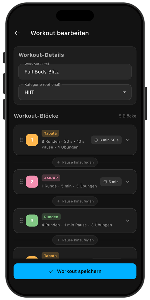 Workout-Editor von Pacelab Intervals mit Tabata-, AMRAP- und EMOM-Blöcken